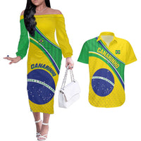 Custom Brazil Football Couples Matching Off The Shoulder Long Sleeve Dress and Hawaiian Shirt Vamos Canarinho