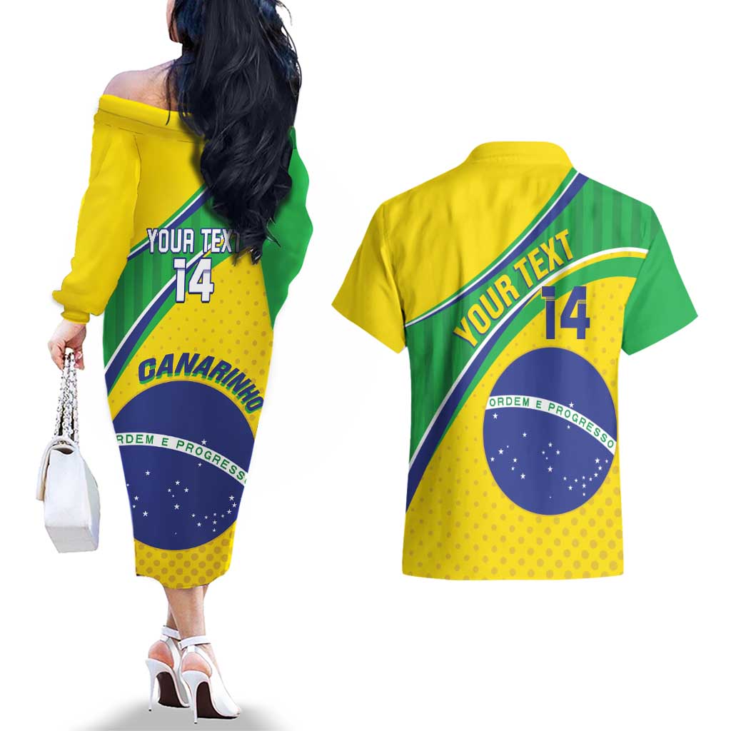Custom Brazil Football Couples Matching Off The Shoulder Long Sleeve Dress and Hawaiian Shirt Vamos Canarinho