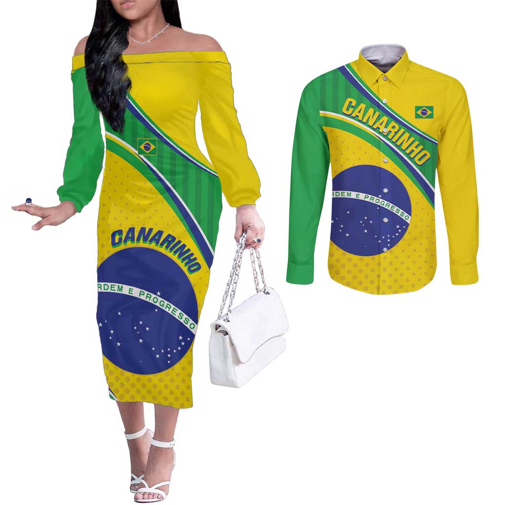 Custom Brazil Football Couples Matching Off The Shoulder Long Sleeve Dress and Long Sleeve Button Shirt Vamos Canarinho