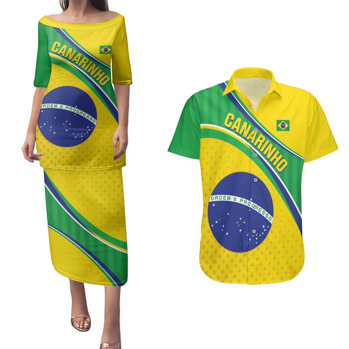 Custom Brazil Football Couples Matching Puletasi and Hawaiian Shirt Vamos Canarinho