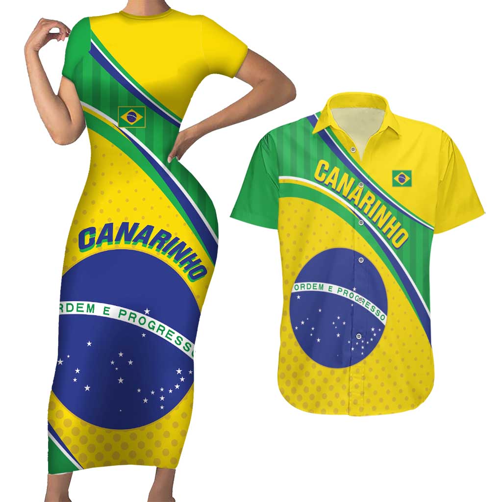 Custom Brazil Football Couples Matching Short Sleeve Bodycon Dress and Hawaiian Shirt Vamos Canarinho