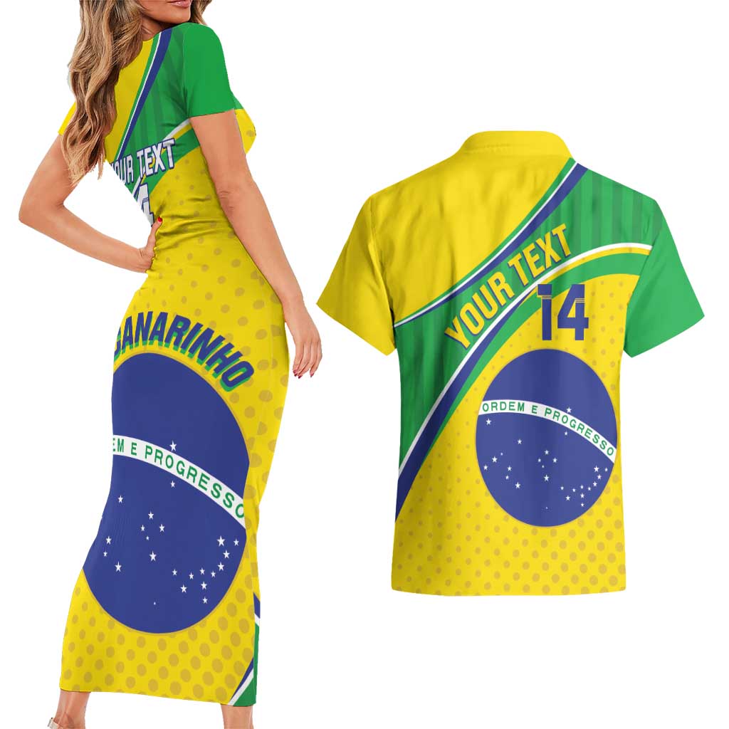Custom Brazil Football Couples Matching Short Sleeve Bodycon Dress and Hawaiian Shirt Vamos Canarinho