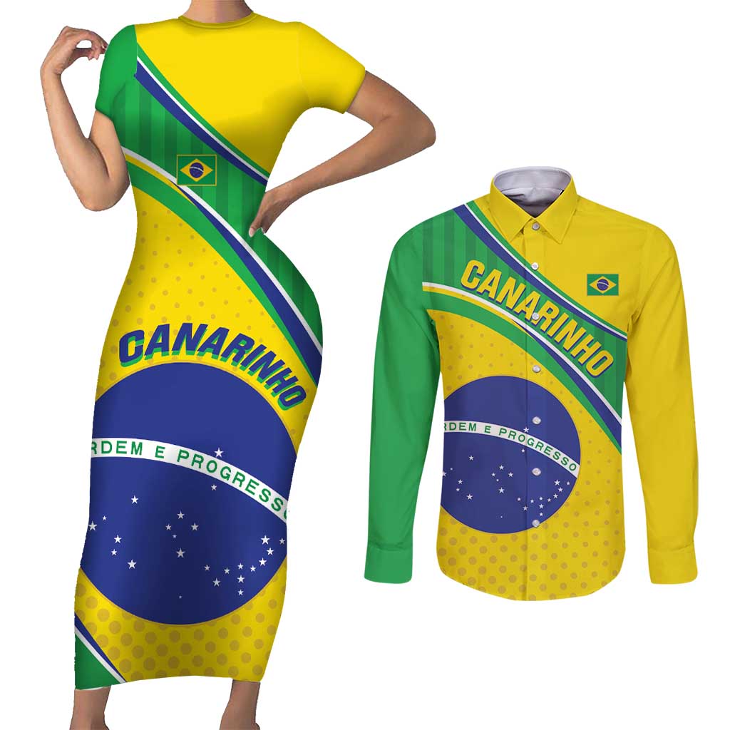 Custom Brazil Football Couples Matching Short Sleeve Bodycon Dress and Long Sleeve Button Shirt Vamos Canarinho