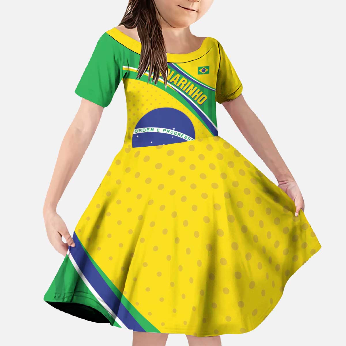 Custom Brazil Football Family Matching Off The Shoulder Long Sleeve Dress and Hawaiian Shirt Vamos Canarinho