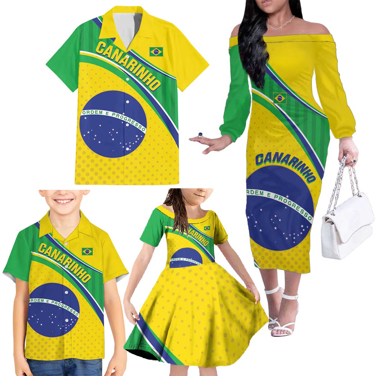 Custom Brazil Football Family Matching Off The Shoulder Long Sleeve Dress and Hawaiian Shirt Vamos Canarinho