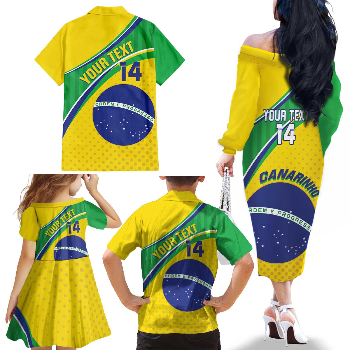 Custom Brazil Football Family Matching Off The Shoulder Long Sleeve Dress and Hawaiian Shirt Vamos Canarinho