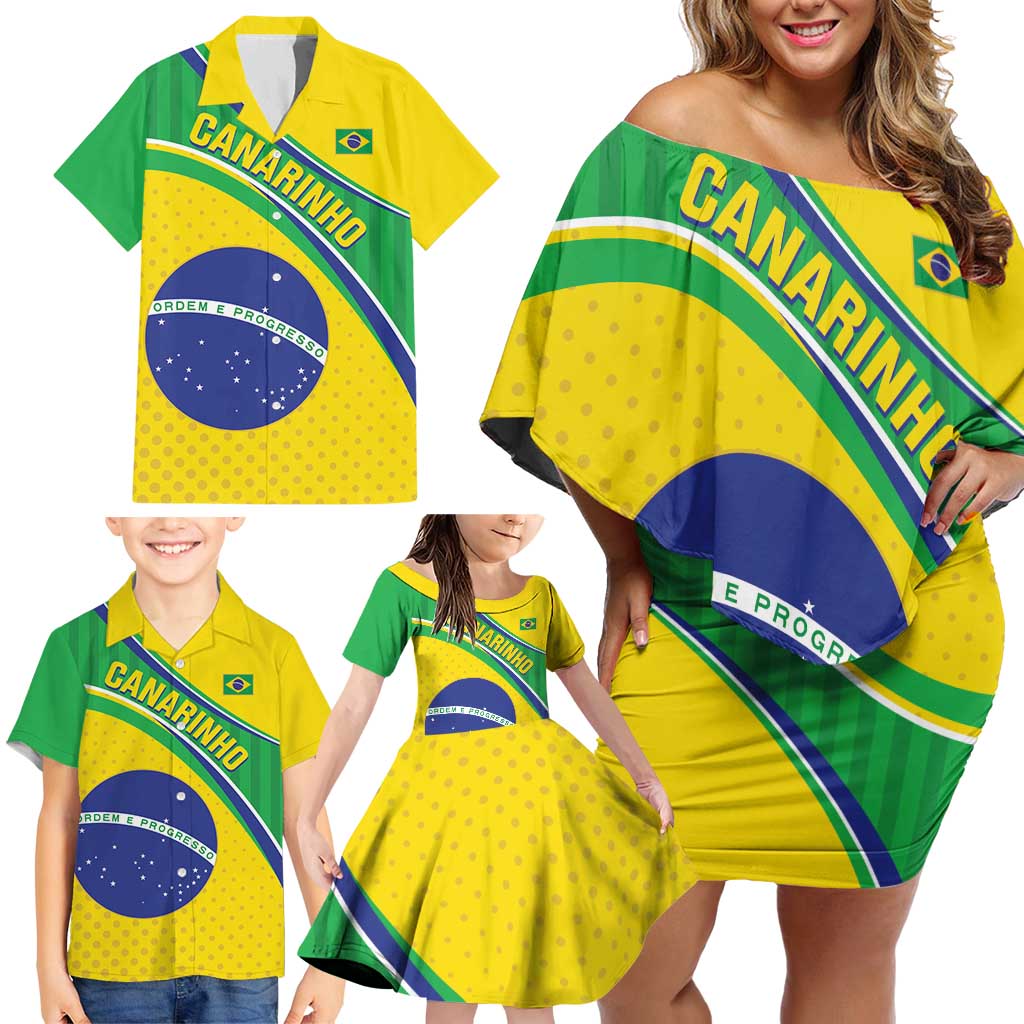 Custom Brazil Football Family Matching Off Shoulder Short Dress and Hawaiian Shirt Vamos Canarinho