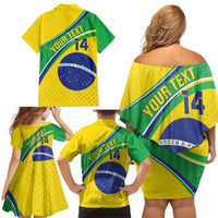 Custom Brazil Football Family Matching Off Shoulder Short Dress and Hawaiian Shirt Vamos Canarinho
