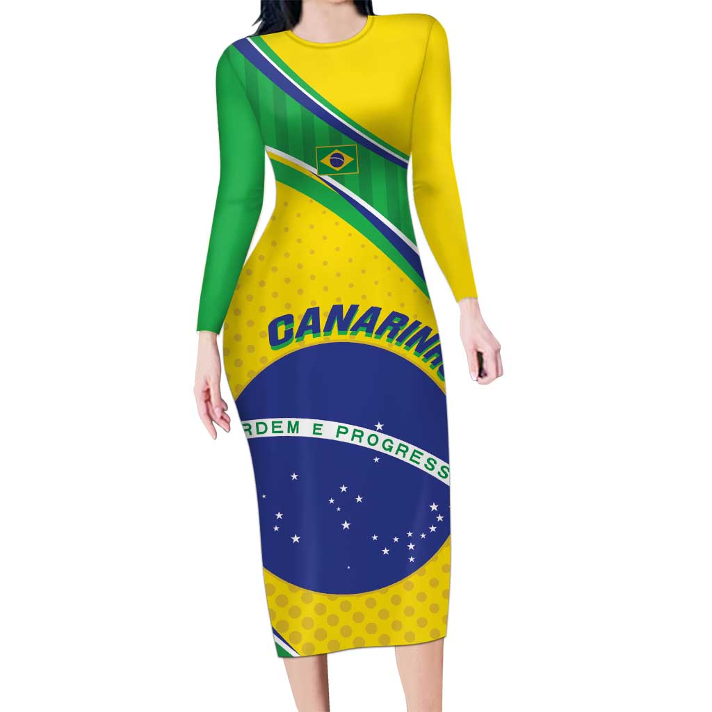 Custom Brazil Football Long Sleeve Bodycon Dress Vamos Canarinho