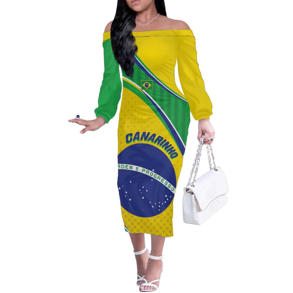 Custom Brazil Football Off The Shoulder Long Sleeve Dress Vamos Canarinho