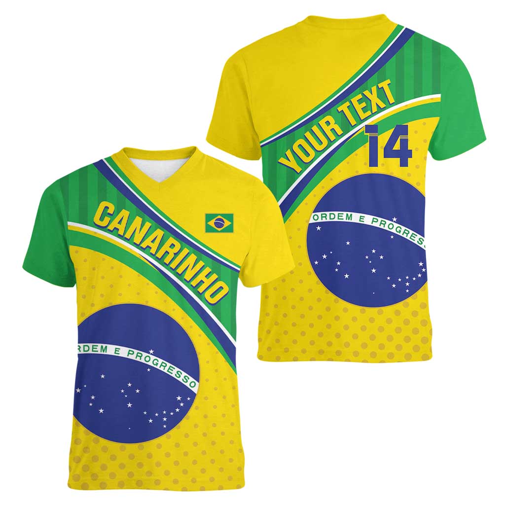 Custom Brazil Football Women V-Neck T-Shirt Vamos Canarinho