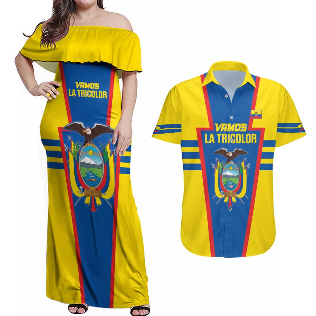 Custom Ecuador Football Couples Matching Off Shoulder Maxi Dress and Hawaiian Shirt Vamos La Tricolor
