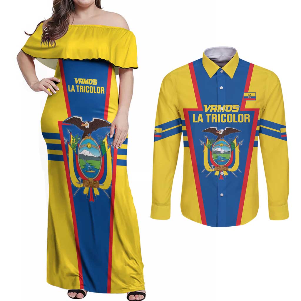 Custom Ecuador Football Couples Matching Off Shoulder Maxi Dress and Long Sleeve Button Shirt Vamos La Tricolor