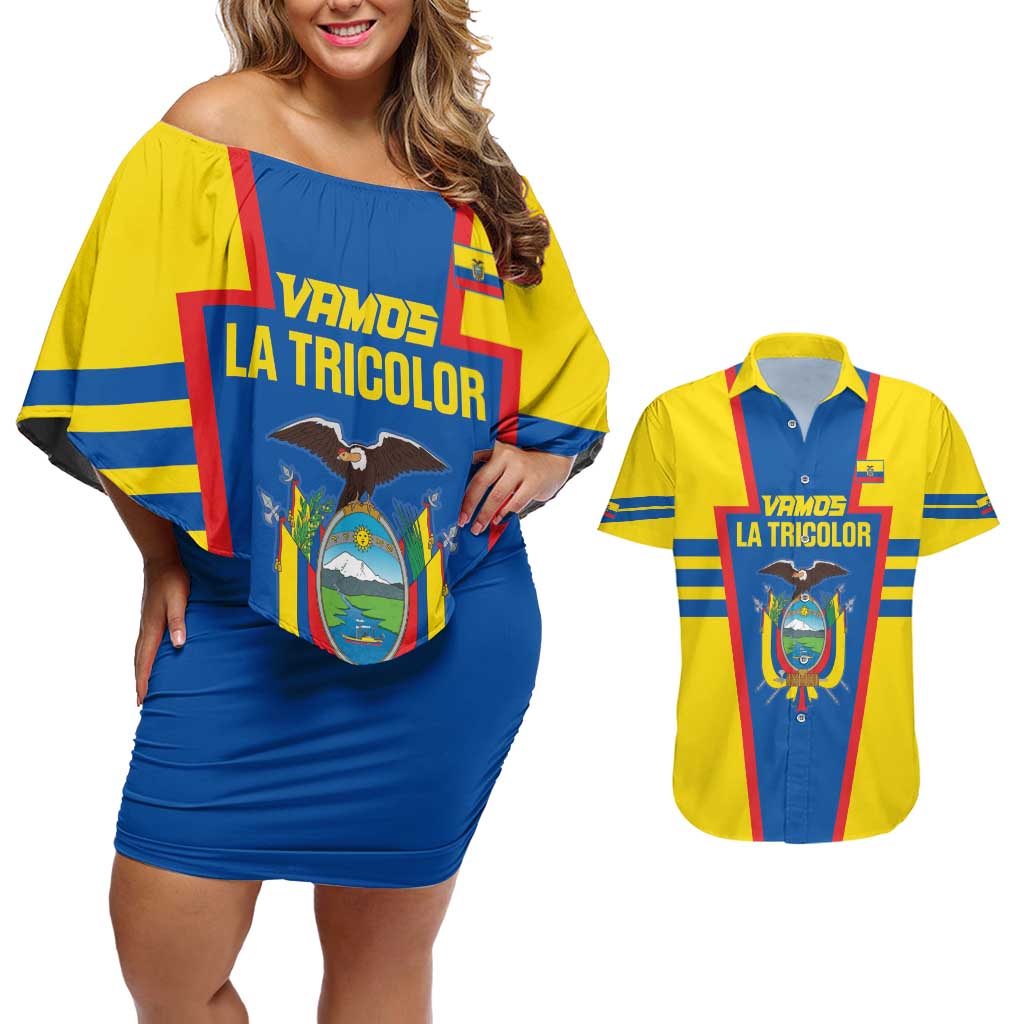 Custom Ecuador Football Couples Matching Off Shoulder Short Dress and Hawaiian Shirt Vamos La Tricolor
