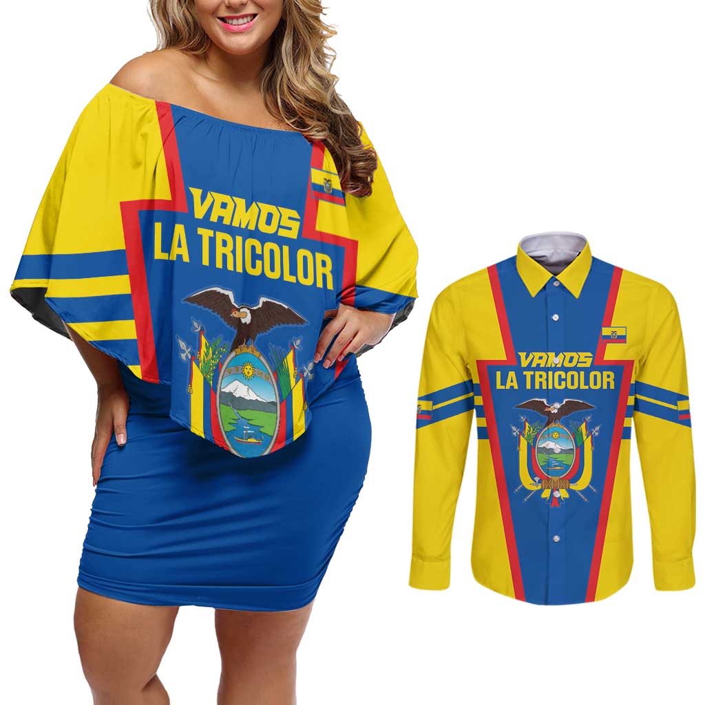 Custom Ecuador Football Couples Matching Off Shoulder Short Dress and Long Sleeve Button Shirt Vamos La Tricolor