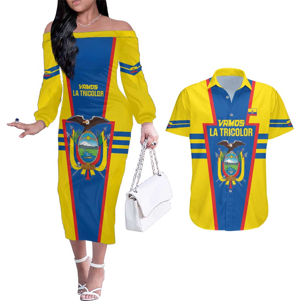 Custom Ecuador Football Couples Matching Off The Shoulder Long Sleeve Dress and Hawaiian Shirt Vamos La Tricolor