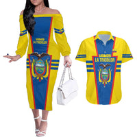 Custom Ecuador Football Couples Matching Off The Shoulder Long Sleeve Dress and Hawaiian Shirt Vamos La Tricolor