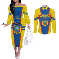 Custom Ecuador Football Couples Matching Off The Shoulder Long Sleeve Dress and Long Sleeve Button Shirt Vamos La Tricolor