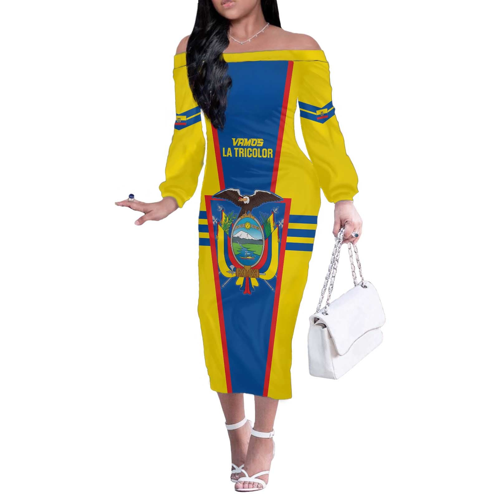 Custom Ecuador Football Off The Shoulder Long Sleeve Dress Vamos La Tricolor