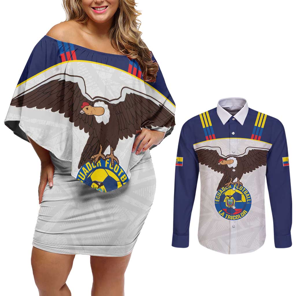 Custom Ecuador Football Couples Matching Off Shoulder Short Dress and Long Sleeve Button Shirt La Tri Go Champions Condor Style