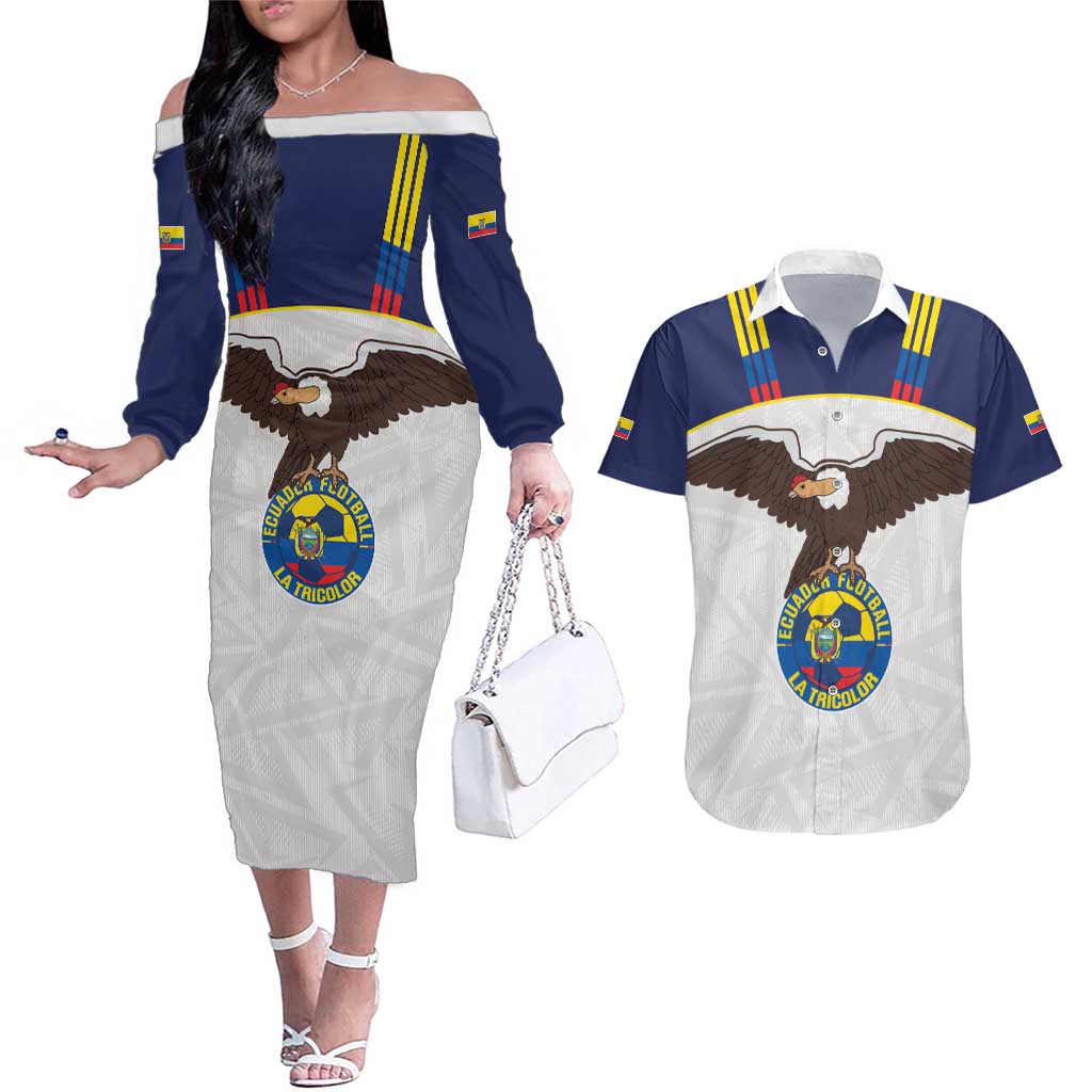 Custom Ecuador Football Couples Matching Off The Shoulder Long Sleeve Dress and Hawaiian Shirt La Tri Go Champions Condor Style