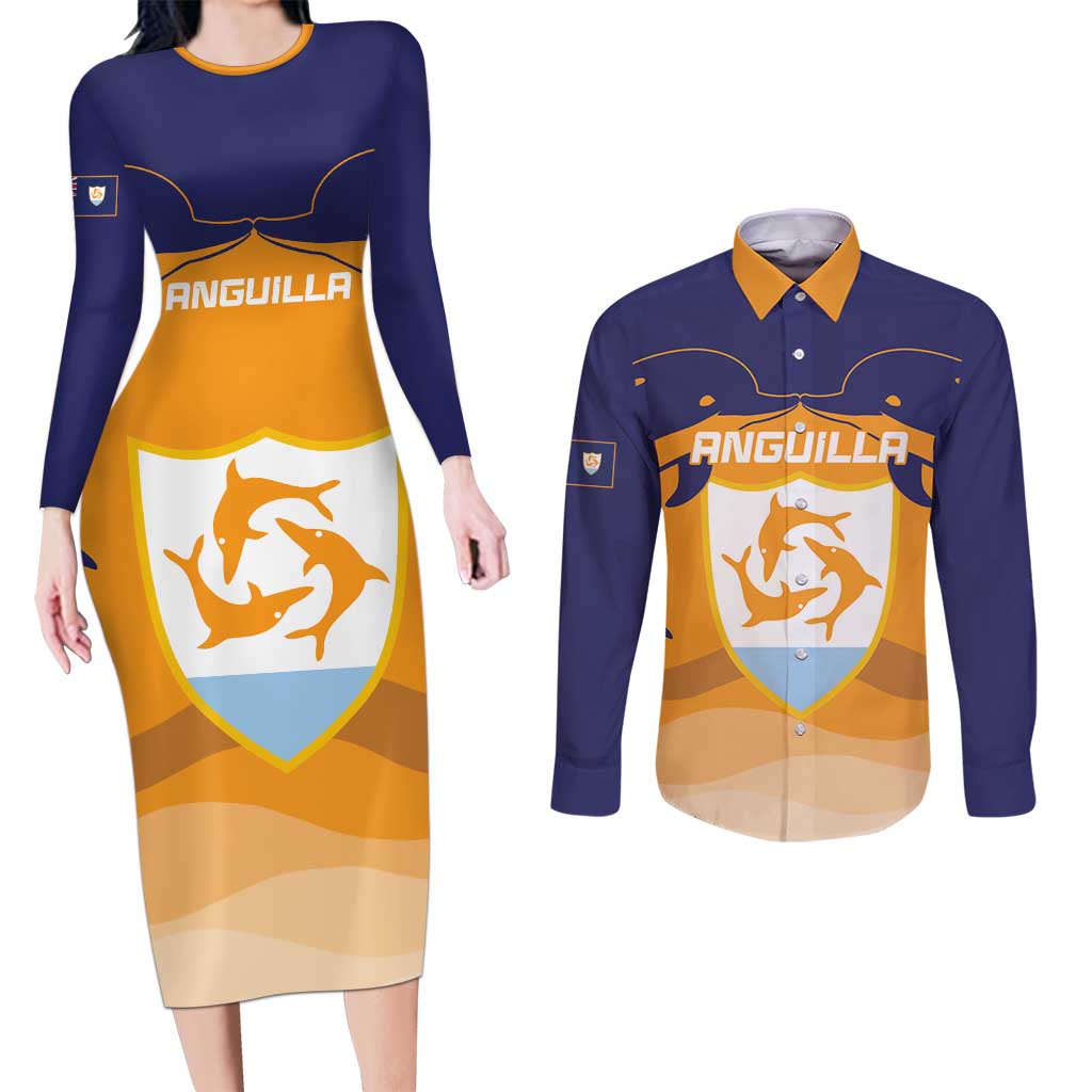Custom Anguilla Football Couples Matching Long Sleeve Bodycon Dress and Long Sleeve Button Shirt Dolphins Coat Of Arms Style