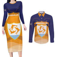 Custom Anguilla Football Couples Matching Long Sleeve Bodycon Dress and Long Sleeve Button Shirt Dolphins Coat Of Arms Style