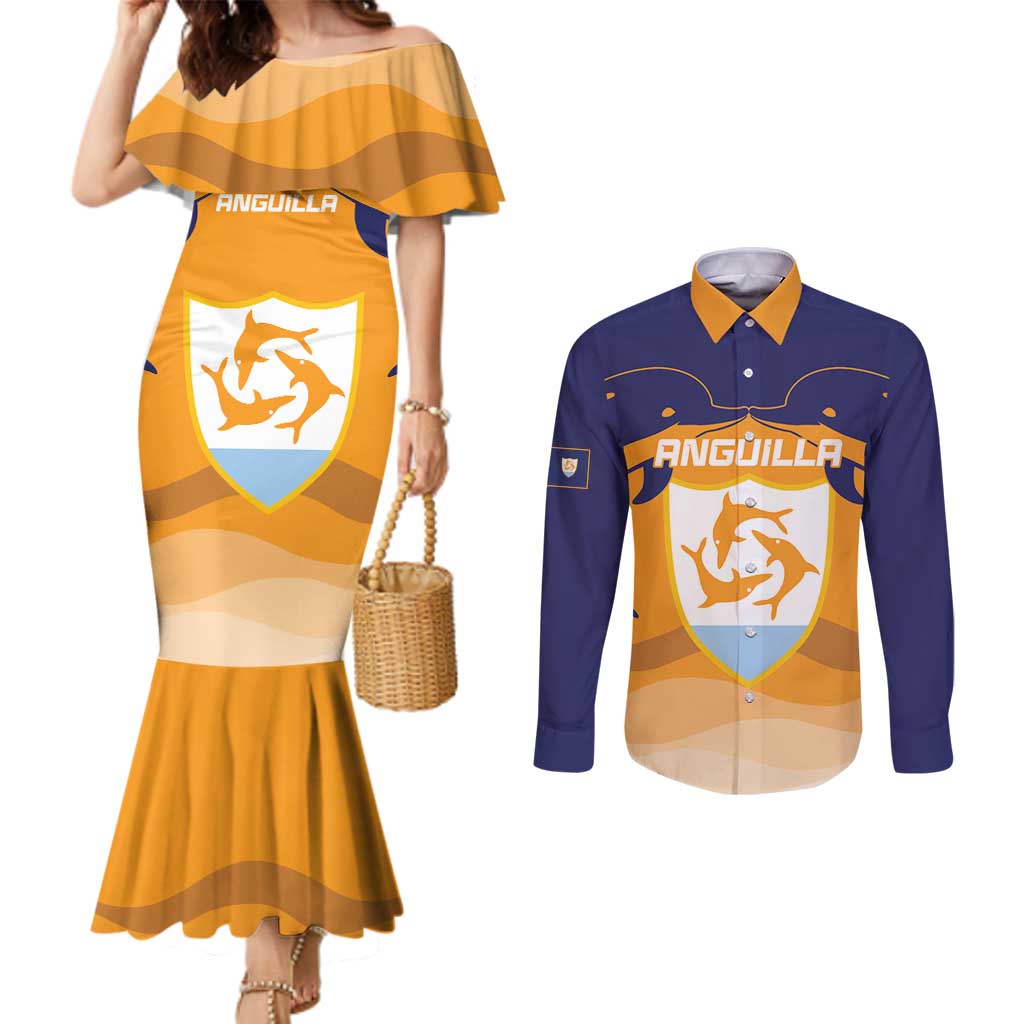 Custom Anguilla Football Couples Matching Mermaid Dress and Long Sleeve Button Shirt Dolphins Coat Of Arms Style