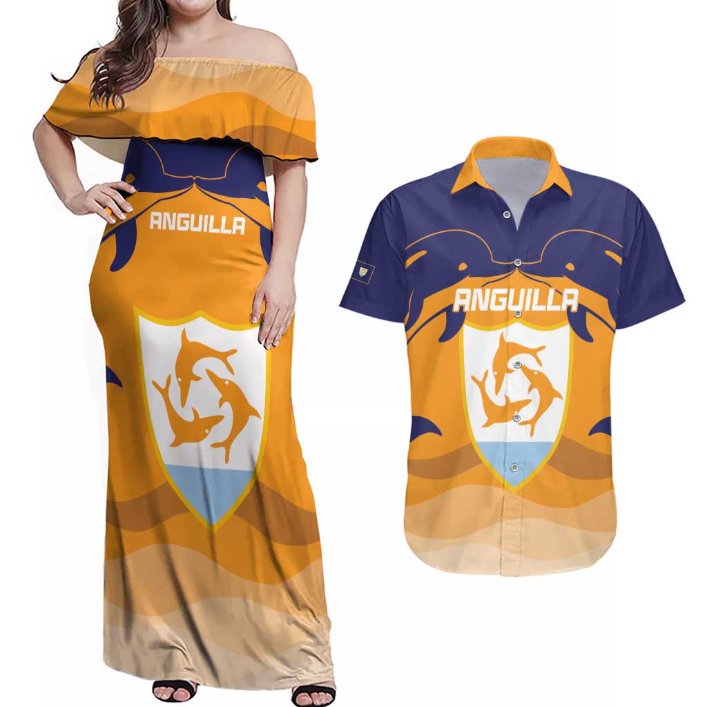 Custom Anguilla Football Couples Matching Off Shoulder Maxi Dress and Hawaiian Shirt Dolphins Coat Of Arms Style
