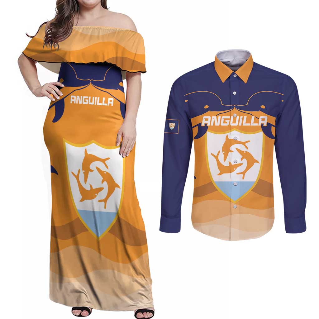 Custom Anguilla Football Couples Matching Off Shoulder Maxi Dress and Long Sleeve Button Shirt Dolphins Coat Of Arms Style