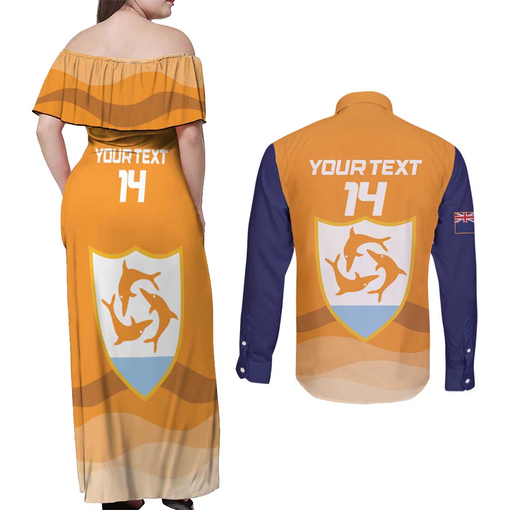 Custom Anguilla Football Couples Matching Off Shoulder Maxi Dress and Long Sleeve Button Shirt Dolphins Coat Of Arms Style
