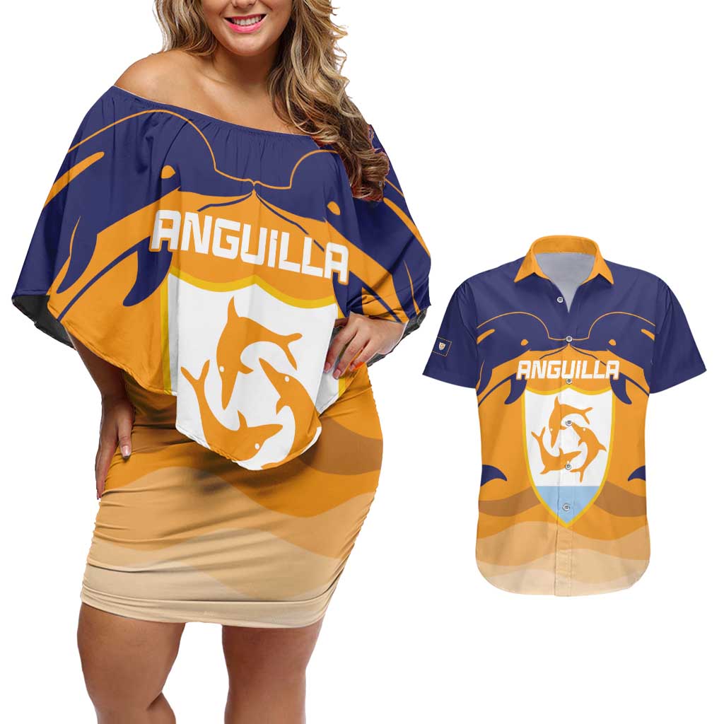 Custom Anguilla Football Couples Matching Off Shoulder Short Dress and Hawaiian Shirt Dolphins Coat Of Arms Style