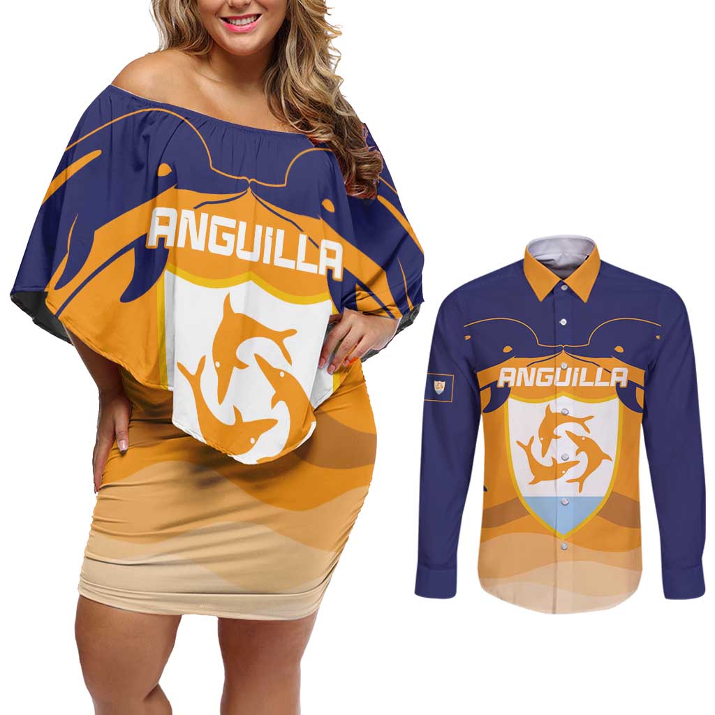 Custom Anguilla Football Couples Matching Off Shoulder Short Dress and Long Sleeve Button Shirt Dolphins Coat Of Arms Style