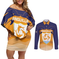 Custom Anguilla Football Couples Matching Off Shoulder Short Dress and Long Sleeve Button Shirt Dolphins Coat Of Arms Style