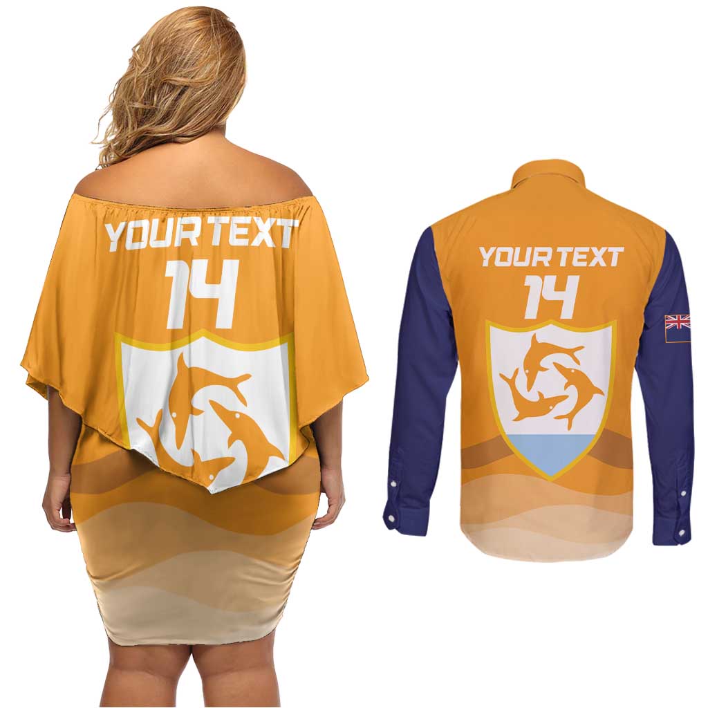 Custom Anguilla Football Couples Matching Off Shoulder Short Dress and Long Sleeve Button Shirt Dolphins Coat Of Arms Style
