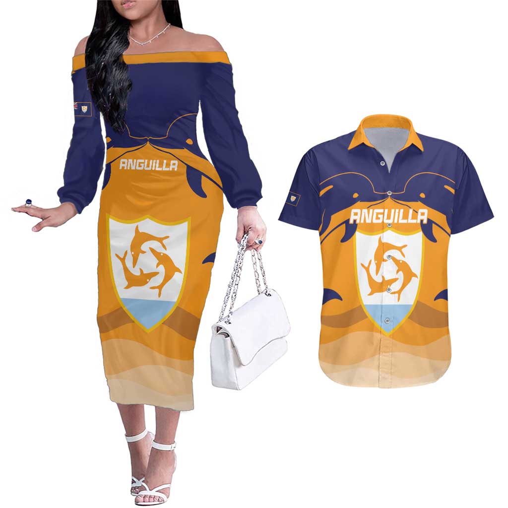 Custom Anguilla Football Couples Matching Off The Shoulder Long Sleeve Dress and Hawaiian Shirt Dolphins Coat Of Arms Style