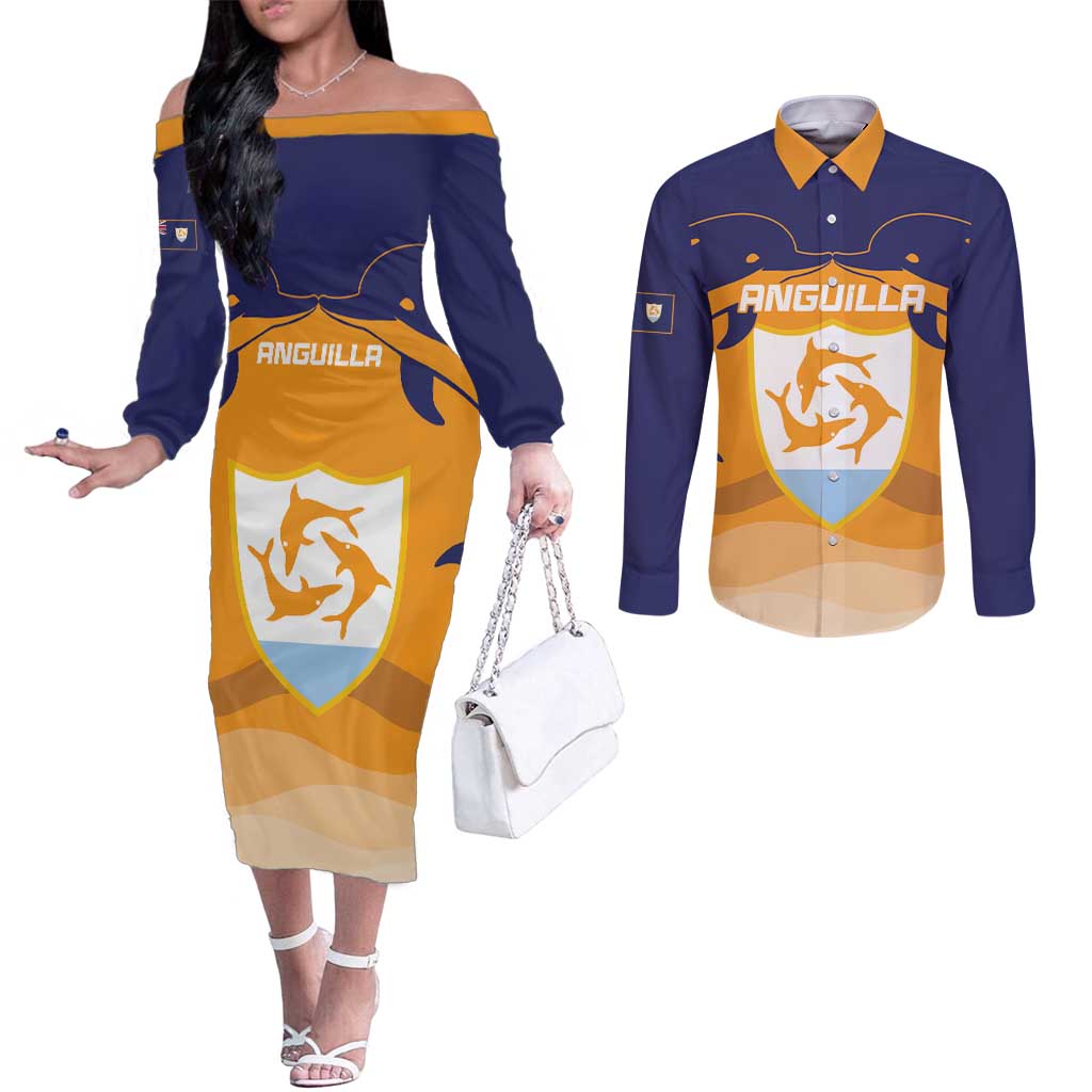 Custom Anguilla Football Couples Matching Off The Shoulder Long Sleeve Dress and Long Sleeve Button Shirt Dolphins Coat Of Arms Style