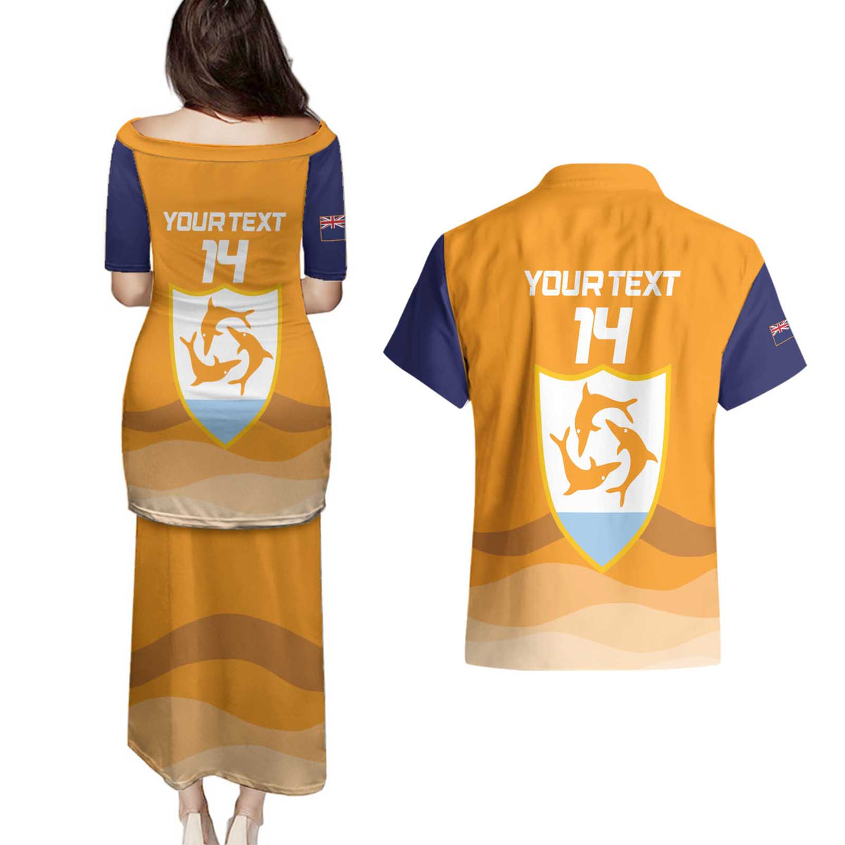 Custom Anguilla Football Couples Matching Puletasi and Hawaiian Shirt Dolphins Coat Of Arms Style