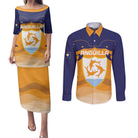 Custom Anguilla Football Couples Matching Puletasi and Long Sleeve Button Shirt Dolphins Coat Of Arms Style