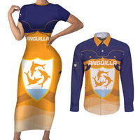 Custom Anguilla Football Couples Matching Short Sleeve Bodycon Dress and Long Sleeve Button Shirt Dolphins Coat Of Arms Style