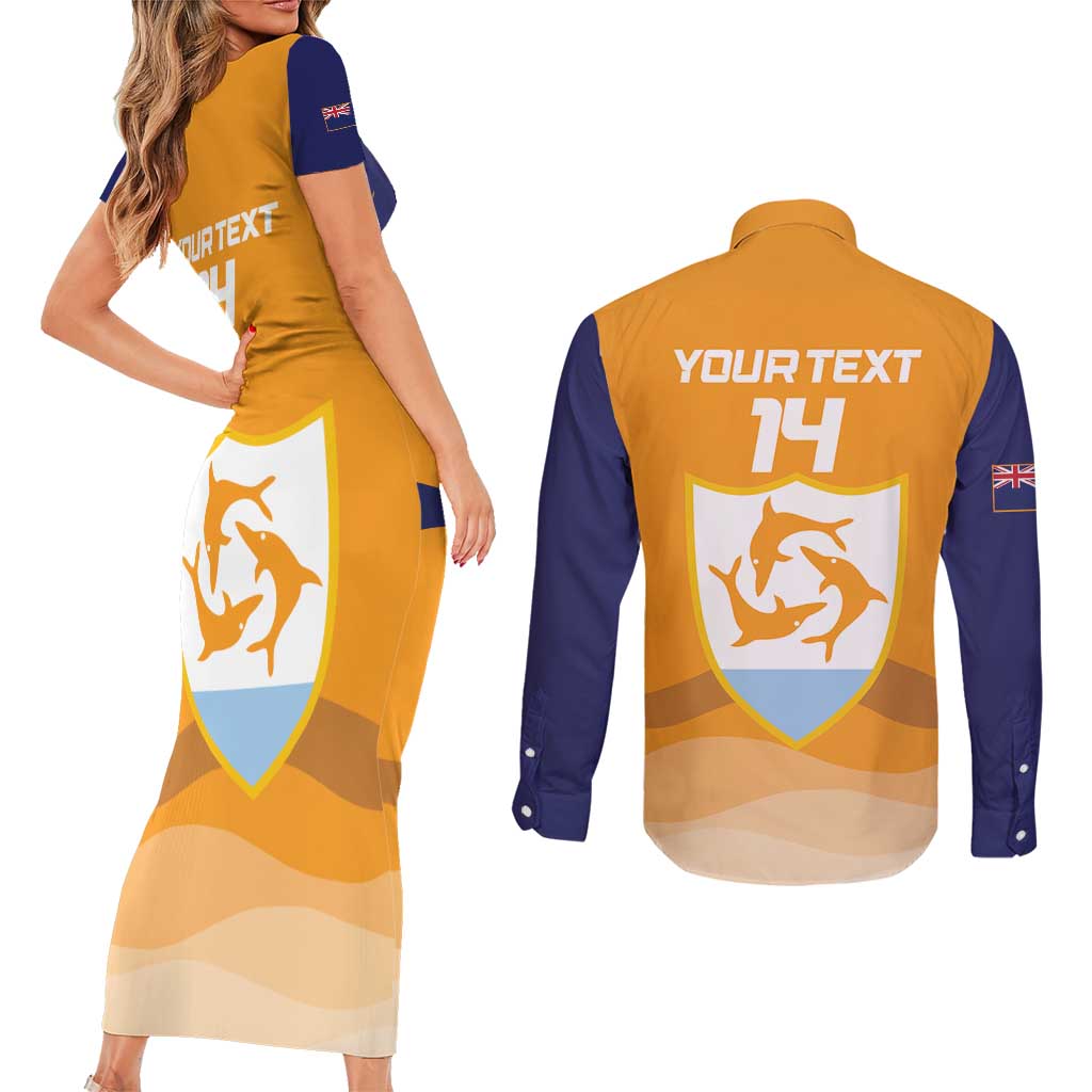 Custom Anguilla Football Couples Matching Short Sleeve Bodycon Dress and Long Sleeve Button Shirt Dolphins Coat Of Arms Style