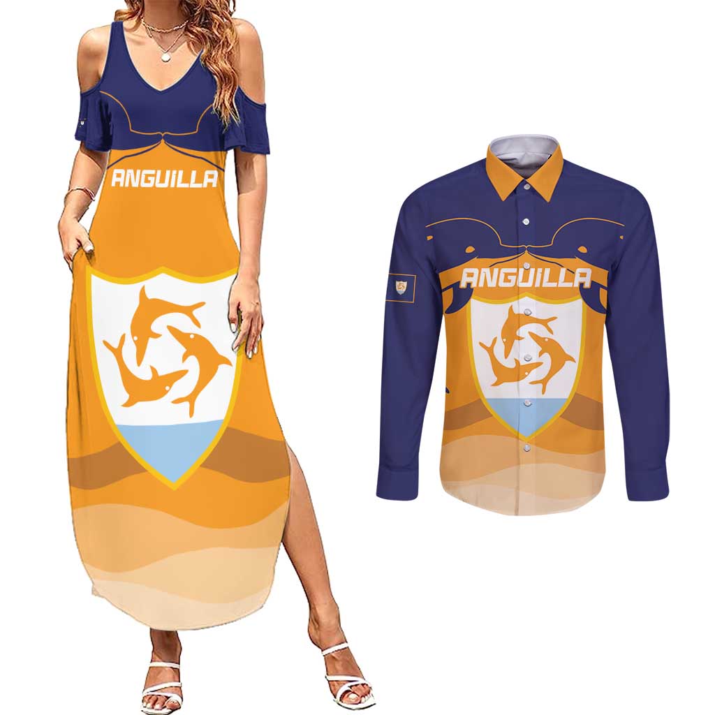 Custom Anguilla Football Couples Matching Summer Maxi Dress and Long Sleeve Button Shirt Dolphins Coat Of Arms Style