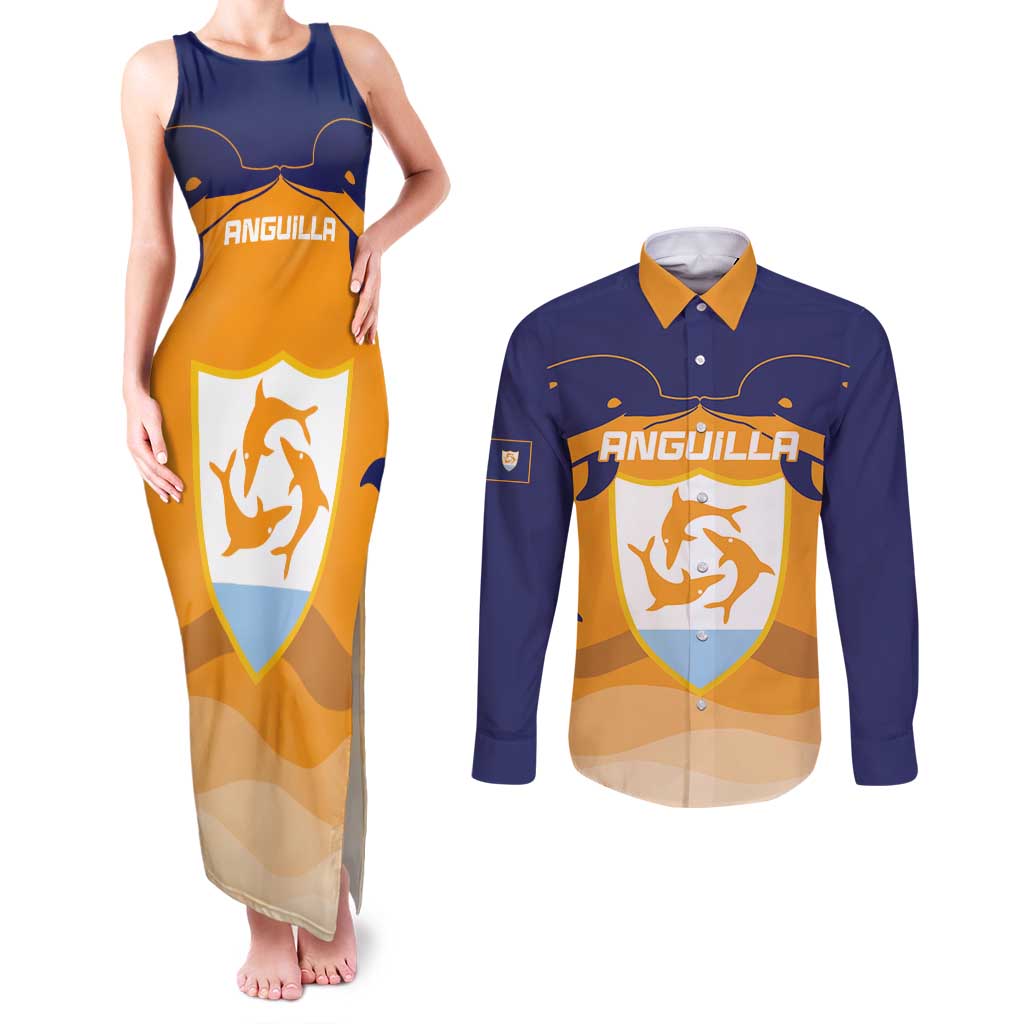 Custom Anguilla Football Couples Matching Tank Maxi Dress and Long Sleeve Button Shirt Dolphins Coat Of Arms Style