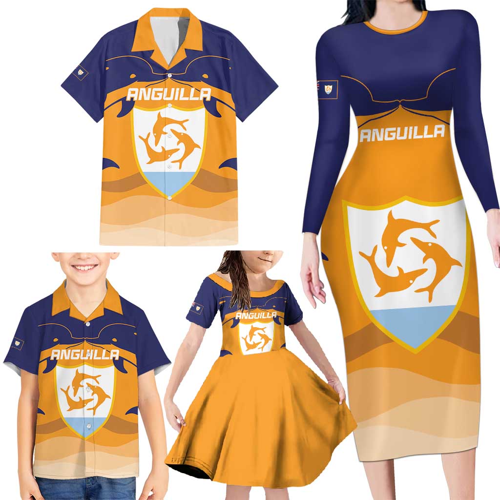 Custom Anguilla Football Family Matching Long Sleeve Bodycon Dress and Hawaiian Shirt Dolphins Coat Of Arms Style