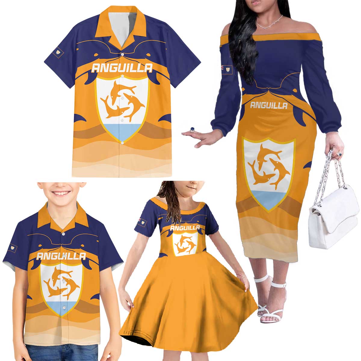 Custom Anguilla Football Family Matching Off The Shoulder Long Sleeve Dress and Hawaiian Shirt Dolphins Coat Of Arms Style