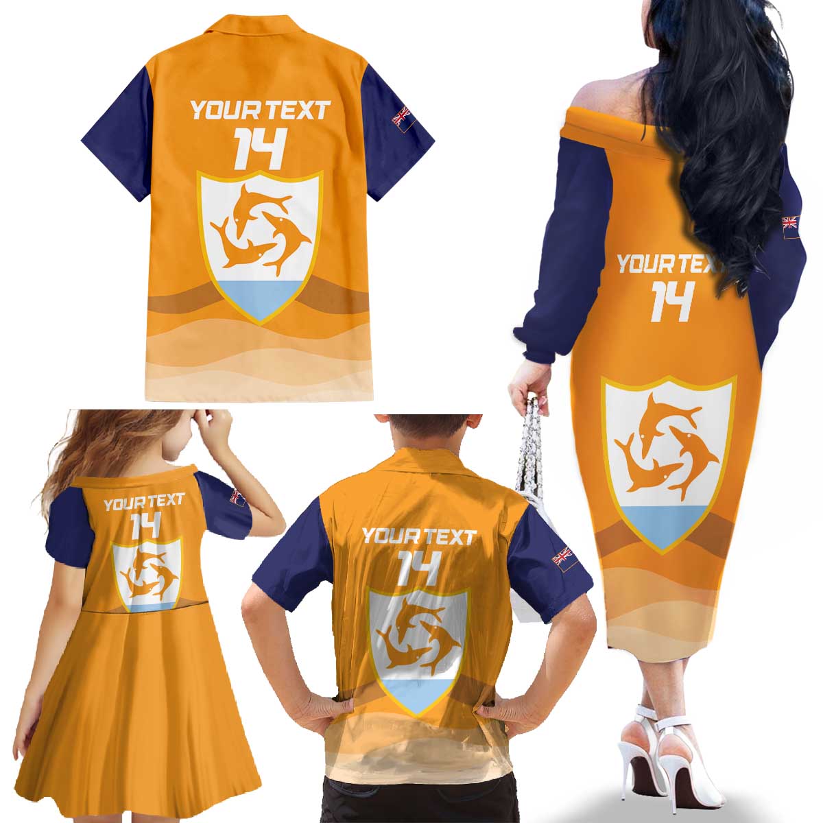Custom Anguilla Football Family Matching Off The Shoulder Long Sleeve Dress and Hawaiian Shirt Dolphins Coat Of Arms Style