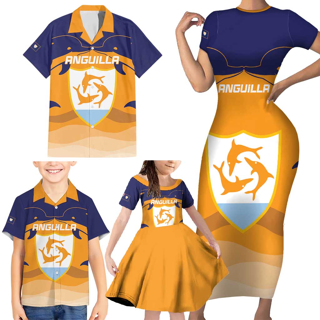 Custom Anguilla Football Family Matching Short Sleeve Bodycon Dress and Hawaiian Shirt Dolphins Coat Of Arms Style