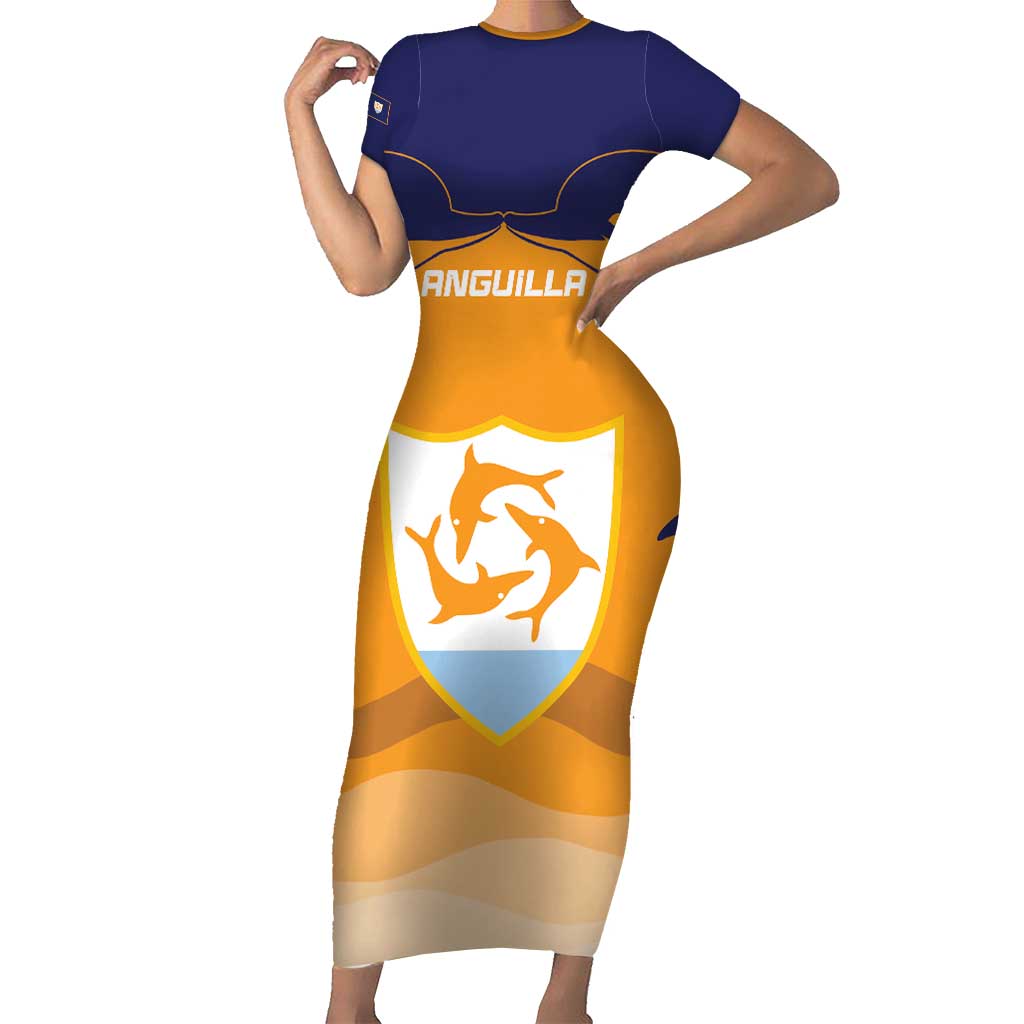 Custom Anguilla Football Family Matching Short Sleeve Bodycon Dress and Hawaiian Shirt Dolphins Coat Of Arms Style