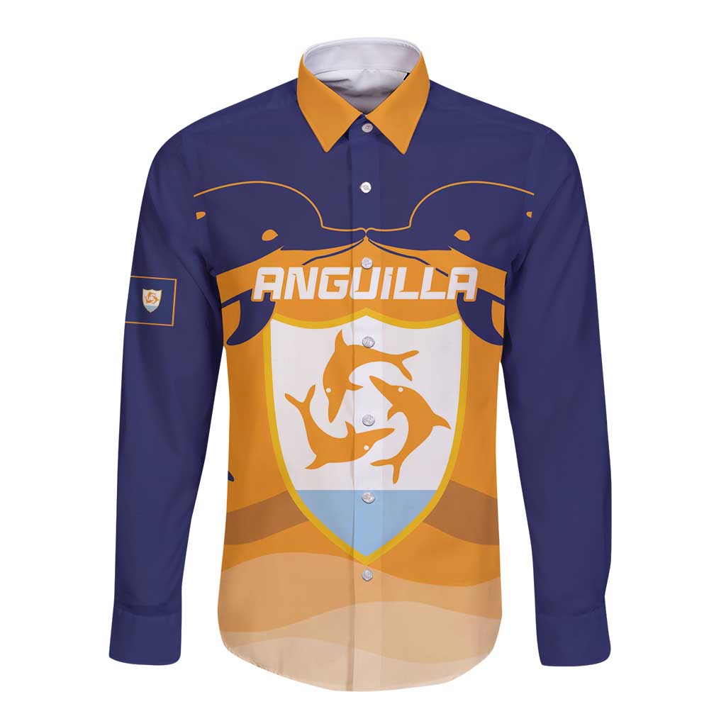 Custom Anguilla Football Long Sleeve Button Shirt Dolphins Coat Of Arms Style