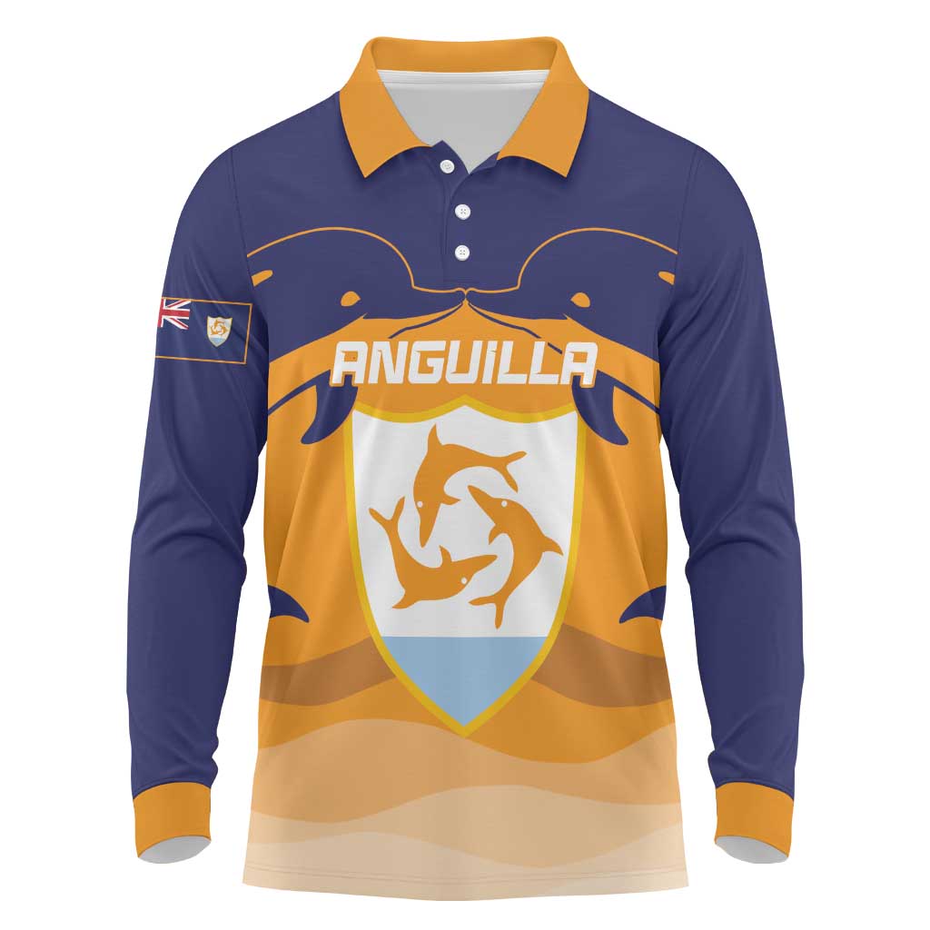 Custom Anguilla Football Long Sleeve Polo Shirt Dolphins Coat Of Arms Style
